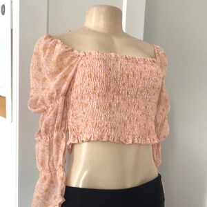 Storia orange Puff Sleeve Smocked Crop Blouse
